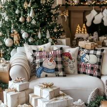 4PCS Christmas Decorative Pillow Cover, Featuring Santa Claus, Snowman, Christmas Tree, Hello Winter, Snowflakes, Festive Cottage Decor, Suitable For Home Decoration, Single-Sided, Pillow Insert Not Included