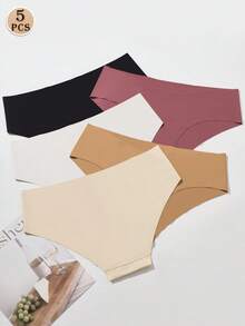 5Pcs Seamless Panties Low Waist Women's Briefs Elasticity Panty Comfortable Breathable Underwear Woman Set Ultra Thin Lingerie Sexy Underpants Solid Color Traceless Knickers Soft Minimal Style Shorts Thongs For Daily Wear