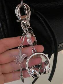 1个男女通用INS风音乐耳机钥匙扣，创意迷你麦克风吉他音符钥匙圈，独特手机挂绳，汽车钥匙链，包包挂饰，吊坠和链条，可爱，音乐节音乐爱好者礼物，汽车装饰吊坠 - 彩色 - 查看 2