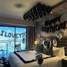 Black Valentine's Day Decorations Set, Including Black Valentine's Day Banner, Black Rose Petals, Black Latex Balloons, Silver Heart Foil Balloons, Suitable For Birthday Party Decor, Anniversary, Wedding, Home Decor, Photo Props