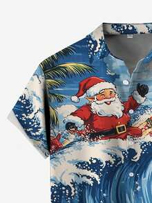 Men's Plus Size Christmas Santa Claus Printed Casual Vacation Outdoor Holiday Surfing Art Pattern 3D Digital Print Lapel Pocket Short Sleeve Shirt