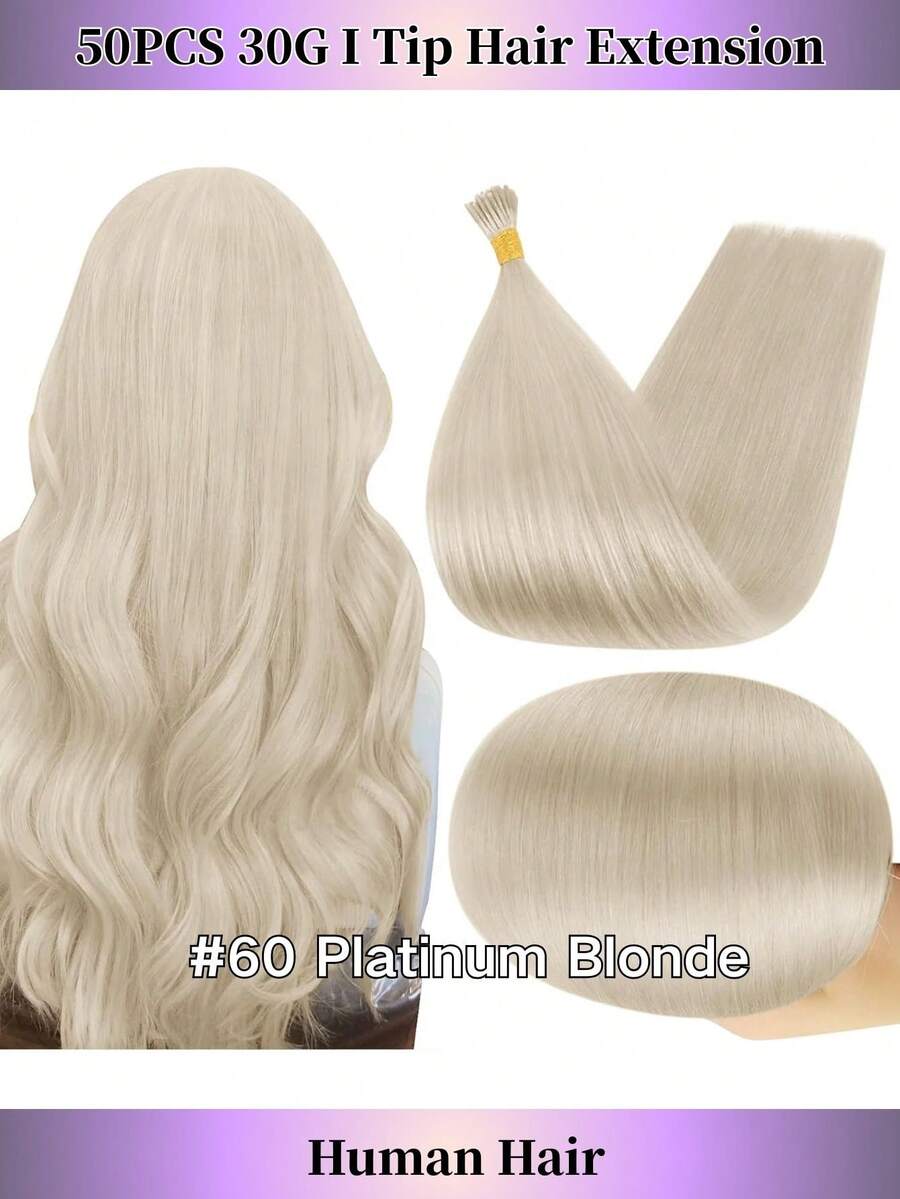 10-24inch I Tip Hair Extensions Human Hair Platinum Blonde 30g 50S Itip Extensions Human Hair Add Length I Tip Hair Extensions Pre Bonded Extensions Remy Hair For Daily Use Remy Hair For Women Cold Fusion(60#, Halloween,Cosplay Use) - S60 - 查看 1
