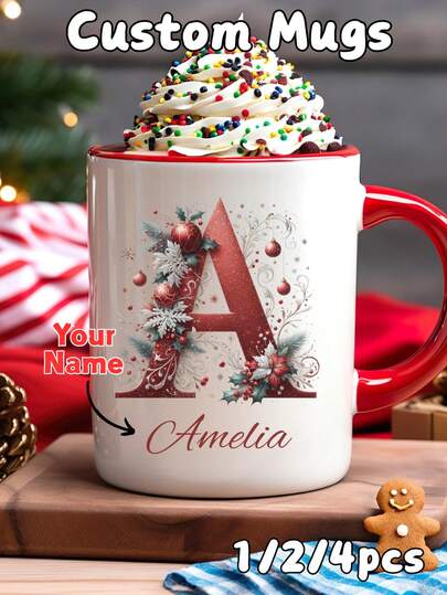 Personalized Text Custom Mug - 1/2/4pcs Personalized Christmas Mug With Custom Name/Initial, Holiday Mug Ideal As Xmas Gift For Coworker/Friends/Lovers/Family, Custom Letter Coffee Mug Perfect For Daily Hot Drinks (Coffee/Tea/Hot Cocoa), 1/2/4pcs Personalized Mug Set Meeting Different Needs (Single Use/Couple Sharing/Family Gatherings),