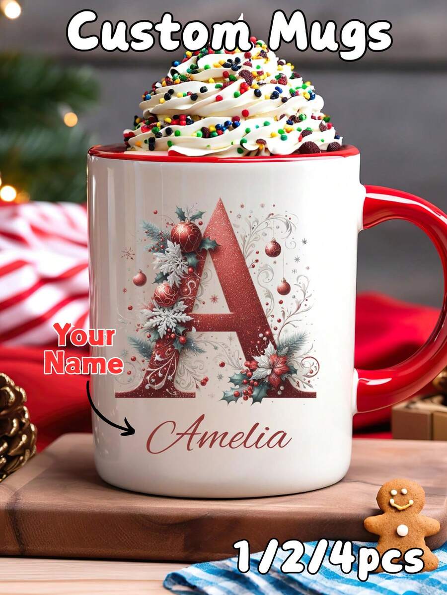1/2/4pcs Personalized Christmas Mug, Custom Name Or Initial Coffee Mug, Holiday Mug For Coffee, Tea & Hot Chocolate, Christmas Gift For Family, Friends, Couples & Coworkers, Reusable Ceramic Mug