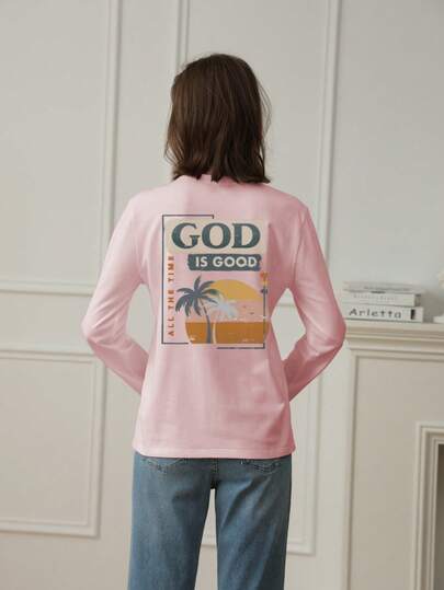 2025 Nouveau T-shirt à manches longues à col rond, style décontracté de vacances avec imprimé slogan et palmier, essentiel mode pour toutes les saisons, pour femmes au printemps/automne