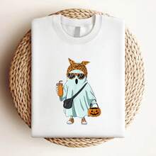 Women T-Shirt Print Halloween Ghost Coffee Cute Ghost Drinking Coffee Leopard T-Shirt Versatile Unisex Stretched Streetwear Comfortable Breathable Slightly Female Top For Everyday Wear Graphic Casual Designer Clothes Women Fashion Stylish Women Top Graphic Tees