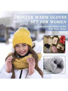4 双女士冬季触屏手套，透气羊毛衬里针织手套，带弹性袖口，温暖方便，适合秋季发短信 - 彩色 - 查看 6