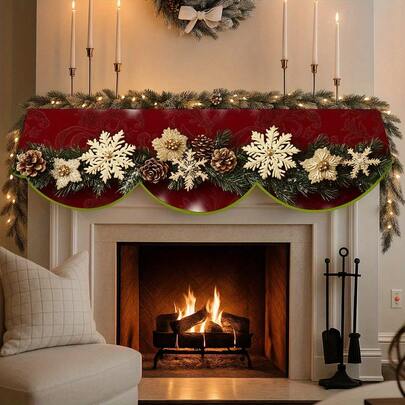 1pc 78.7x19.6in Crimson Pine Cone Gold Snowflake Wavy Pattern Christmas Print Fireplace Scarf, Velvet Material, Fireplace Decoration, Winter Holiday Party Supplies, Table Runner, For Home Living Room Fireplace Door And Window Decoration, Perfect For Christmas Decoration, Christmas Decorations For Home, Christmas Gifts