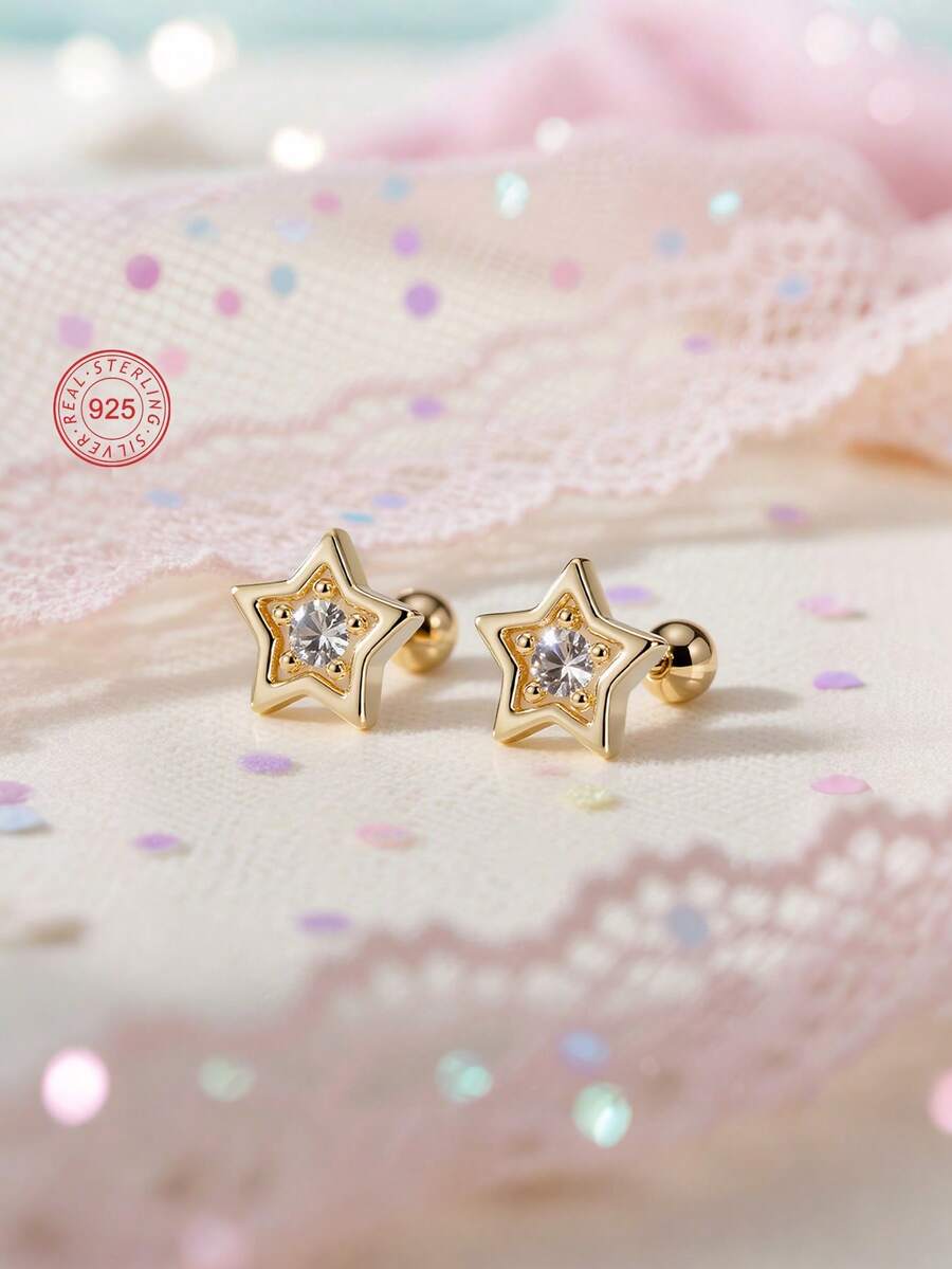 Artepollo 1pc 925 Sterling Silver Hypoallergenic Star Stud Earrings, Inlaid With Sparkling Cubic Zirconia, Spiral Ear Backs For Secure Wear, Delicate & Adorable, Gift Box Packaging, Suitable For Daily Wear Or Holidays, Gift For Girls, Friends, Back To School, Christmas