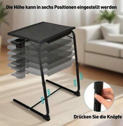 Bandeja para TV, Mesa de Comedor Plegable para TV con Portavasos, Mesa para TV Ajustable con 3 ángulos y 6 Ajustes de Altura, Mesa de Centro para Comer en sofá y Cama, Soporte para computadora portátil, Negro