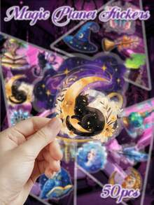 50pcs Purple Magic Planet Stickers PET Material Cartoon Fantasy Designs Perfect For Decorating Scrapbooks, Water Bottles, Skateboards, Guitars Party Art & Craft Decorative Stickers
