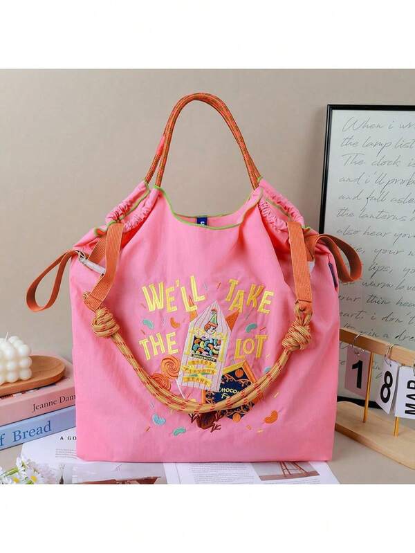 1 Stück Cartoon Wassermelone rote Nylon Leinwand Lässig bestickte Einkaufstasche, geeignet für Alltag, Reisen, Einkaufen, Studenten, Frauen, wasserdichte Tragetasche, Umhängetasche