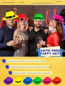6/12/24 Pack Novelty Place Neon Plastic Party Hats, Fedora With Gangster Mafia Style Dark Glow Hats In Birthday, Music Party(6/12 Pack)