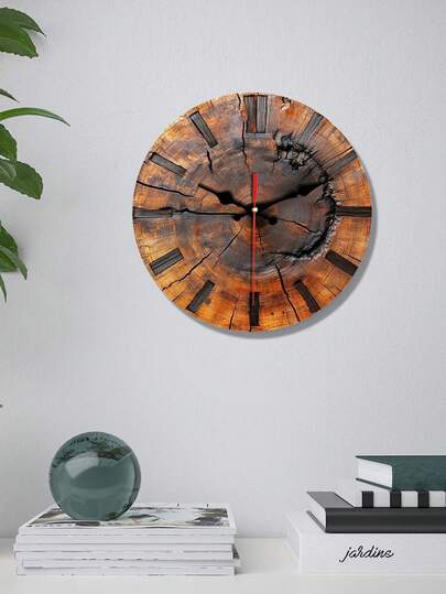 2D Flat, Rustic Wooden Klok Tree Ring Round Wood Wand Art, Classic English Numerals, Ideal Home view 3