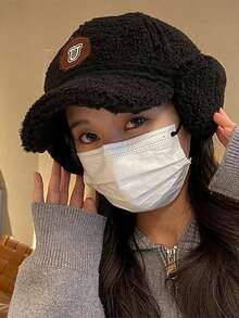 Classic Solid Color New Sherpa Baseball Cap With Ear Flaps For Women, Versatile Embroidered U Letter Fashion Snapback Hat, Polyester Fiber Embroidery Decor, Suitable For Autumn/Winter Street Party