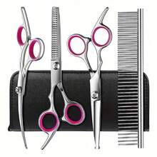 Professional Pet Grooming Scissors Set - Includes 1 Pair Of 6.5inch Thinning Shears, 1 Pair Of 6.5inch Curved Shears, 1 Pair Of 6.5inch Straight Shears, 1 Comb, 1 Cleaning Cloth, And 1 Black Storage Box - 藍色 - 查看 3