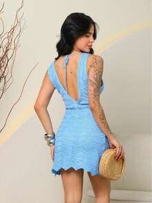 Vestido curto Saída de Praia Tricot Croche Canga Rendado Moda resort detalhe decote Argola - Azul - Visão 4