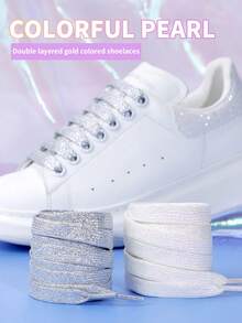 1 Pair Unisex Shiny Iridescent 120cm Flat Double-Layer Shoelaces, Suitable For Sports Shoes, Casual Shoes, Canvas Shoes, In White, Black, Rainbow Colors