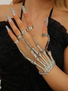 1pc Plus Size Punk Skull Skeleton Fingerless Bracelet, Halloween Jewelry - XL Silver - View 5