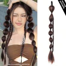 合成纖維長直髮自然氣泡辮馬尾假髮，配橡皮筋自然時尚 - 黑棕色 - 查看 11