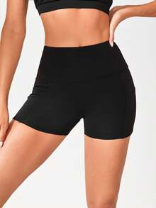 SHEIN Sports Wideband Waist Sports Shorts With Phone PocketWomen Sweat Short, Gym Short, Biker Short - Black - View 3