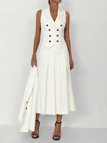 3 PiecesWomen's Elegant Business Casual Suit: Autumn/Winter Blazer, Spring/Summer Fitted Vest, And Mid-Length Pleated Skirt, Suitable For Office, Formal Occasions, And Commuting - White - View 6
