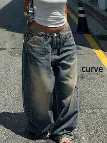 Plus Size Retro Casual Loose Straight Leg Denim Maxi Pants, Fashion & Versatile