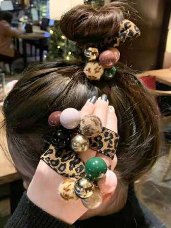 2 件套复古波西米亚豹纹串珠套装，弹力面料马尾辫夹，时尚女士日常发饰，马尾辫夹，发圈，发橡皮筋，发圈，发绳，弹性发带