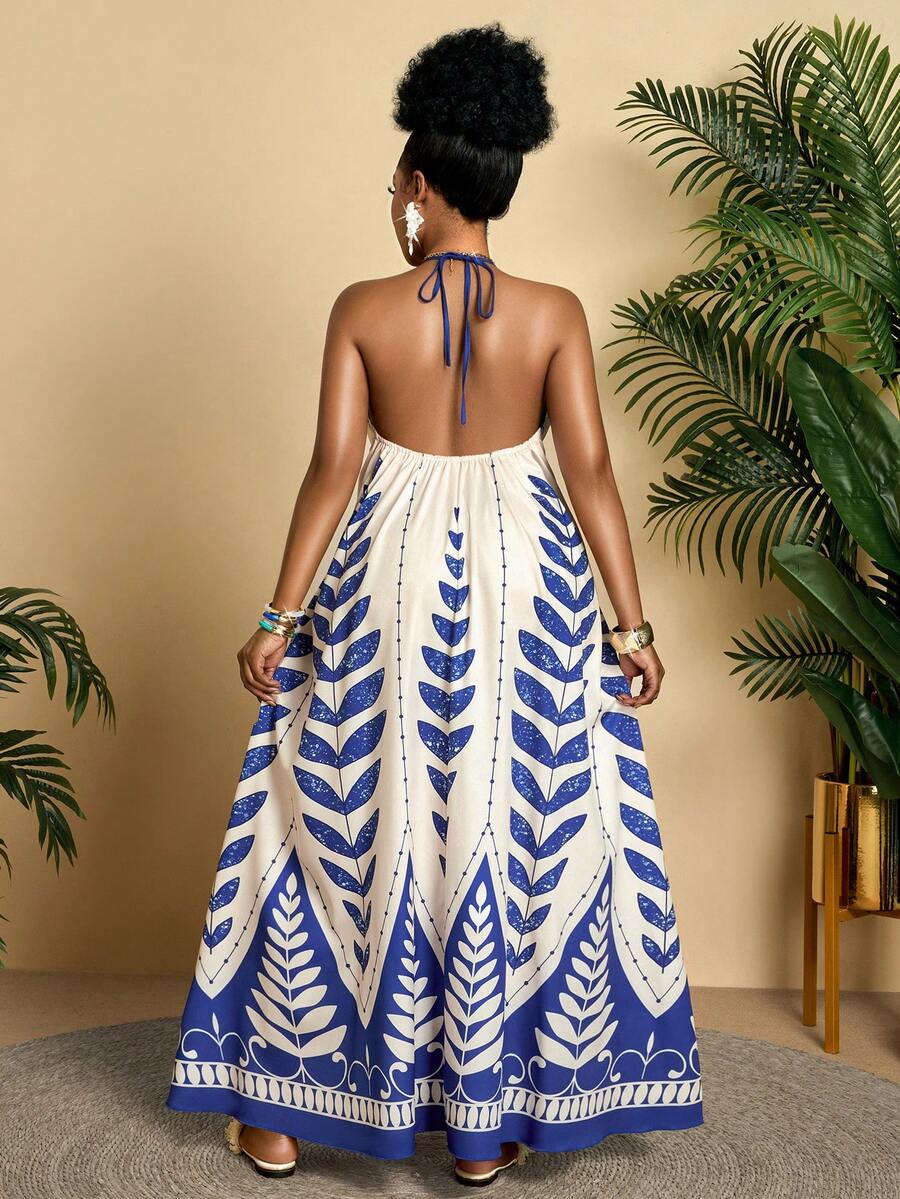 BIUBIU Damen Große Größen Frühling Sommer Tropisch Blau Bedrucktes Off-Shoulder Urlaubskleid - Spaziergang am Meer, ausstrahlendes charmantes Flair, geeignet für Urlaubs-Freizeitmode Schlüsselartikel