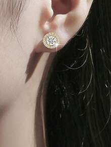 1 Pair Round Cubic Zirconia Decor Stud Earrings For Women Wedding Dresses Dating Gift - Vàng - Xem 2