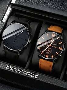 2/1 Set Of Fashionable And Classic Business Style Youth-Oriented Pointer Display Round Quartz Watch. Suitable For Boys To Wear. Suitable For Students. It Is Very Suitable For Use In Daily Life Such As Going Back To School, Parties And Traveling. It Is Very Suitable As A Gift For Friends, Birthday Gifts, Graduation Season Gifts. It Is The Perfect Gift For Boys And A Father's Gift. - Multicolor - View 2