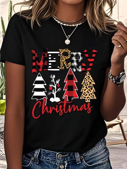Merry Christmas Graphic T-Shirt Women's Holiday Leopard Plaid Trees Print Casual Short Sleeve Tee, The Best Gifts For Friends, Family And Relatives On Various Holidays And Christmas