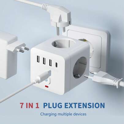 1pc 7-In-1 Multifunctional Power Strip, Equipped With Surge Protector, 3 EU Power Sockets, 3 USB-A Ports, 1 USB-C Port, Wall Adapter With Overload Protection And Independent Switch, Suitable For Home, Office, Travel, Bedroom, Gaming Room And More