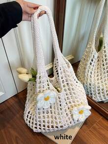 Women's Large Capacity Solid Color Crochet Tote Bag Knitted Hollow Design Fashionable Beach Shopping Bag For Travel And Vacation Women Knitted Hollow Out Tote Bags New Large Capacity Shoulder Composite Bag Weave Beach Vacation Handbags
