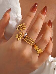 3pcs/Set Stainless Steel Minimalist 18K Gold Plated Leaf & Flower Design Rings Set, Suitable For Women's Daily Wear - Multicolor - View 1