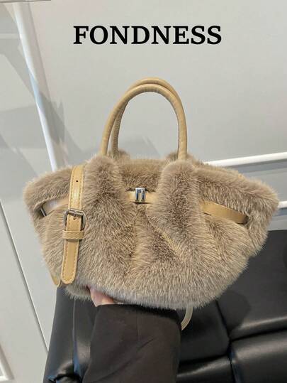秋冬新款高端褶皱云朵蓬松仿兔毛手提包，百搭淑女毛茸茸优雅腰带装饰单肩包，适合通勤、上学、购物、度假、派对