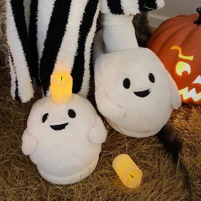 Halloween Men Women Winter Slippers Stylish Ghost Decoration Soft Warm Open Back Non Slip Indoor Fuzzy Shoes