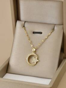 1pc Fully Rhinestoned Sparkling Stars & Moon Glamorous Stainless Steel Necklace For Women - Yellow Gold - View 4