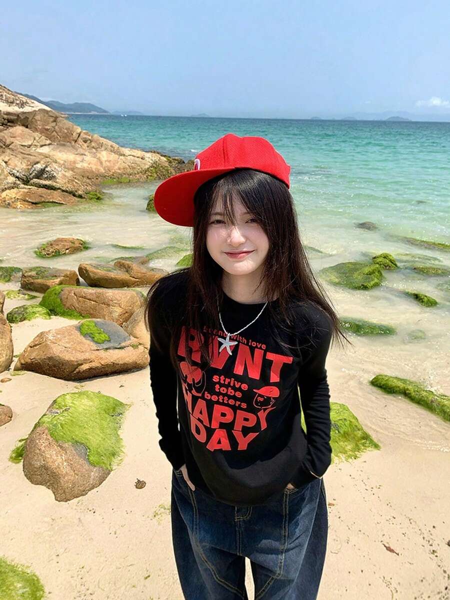 秋冬新款小码女式长袖 T 恤，趣味图案印花俏皮女孩休闲圆领上衣 - 黑色 - 查看 1