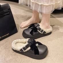 Bestsellers: Pantuflas de peluche cálidas y punk con hebilla en forma de corazón, zapatos casuales de invierno con lazo para mujer, estilo dulce y fresco