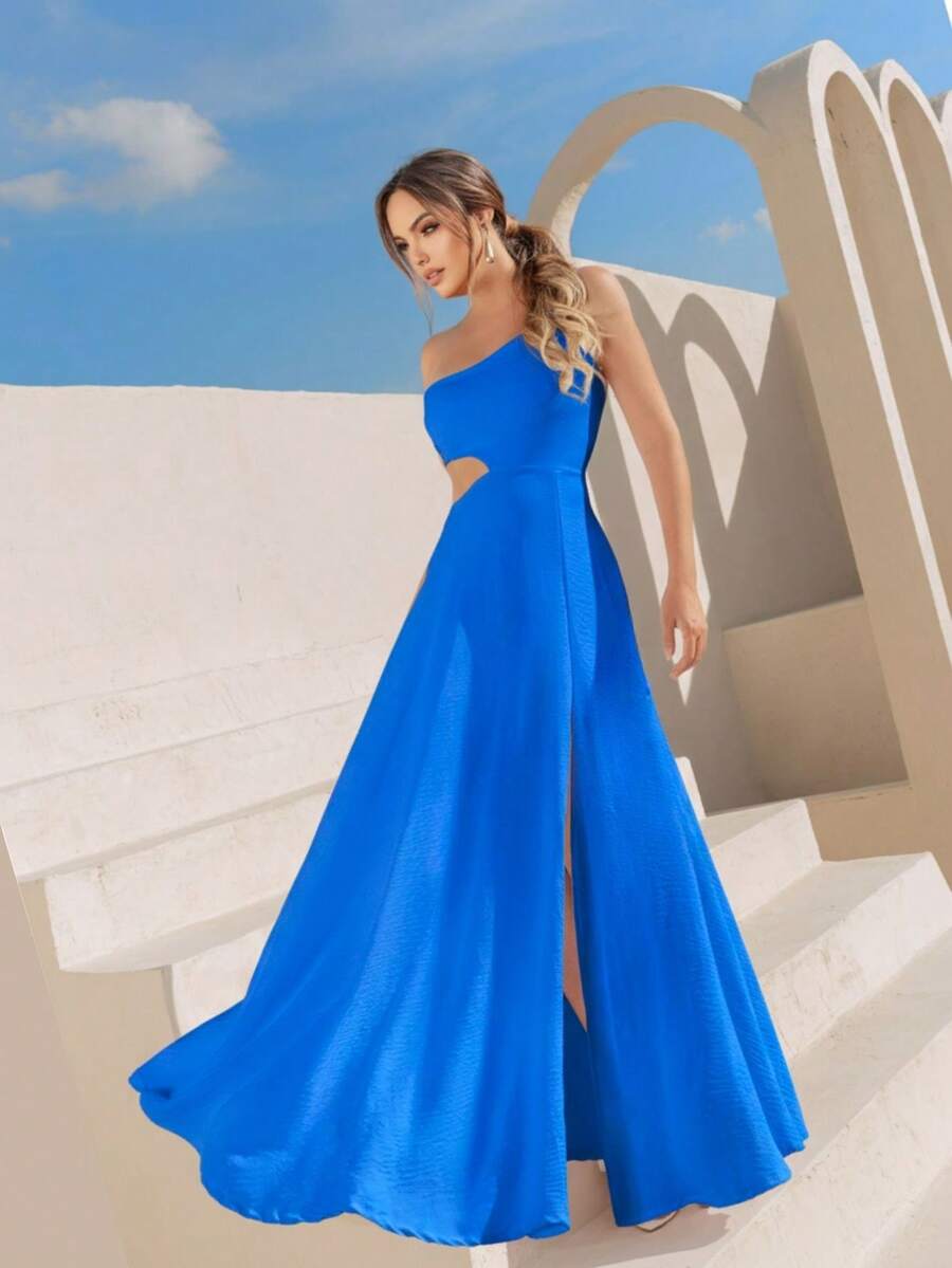 Marjorie NM Nana Marie Long One Shoulder Asymmetrical Neckline Halter Wrap Dress With Slit - Xanh đậm - Xem 1