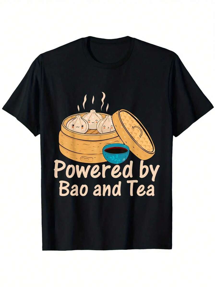 Camiseta gráfica para hombres "Powered by Bao and Tea" - 100% algodón, ropa casual de calle, ajuste regular cómodo, 180gsm, cuello redondo, perfecta para atuendos casuales, ropa casual de calle| Camiseta gráfica divertida| Camisa de Textura Suave - Negro - Ver 1