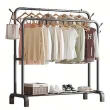 1 个双杆金属衣架，带搁板和挂钩 - 便携式多功能衣柜整理器，适用于卧室、宿舍 | 配有鞋架，非常适合家庭存储必需品、衣帽架、晾衣架、挂衣杆、落地式衣帽架 - 彩色 - 查看 9