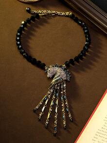Vintage Handcrafted Unicorn Tassel Design Luxury Niche Jewelry Necklace And Earrings Set, Pendant Made Of Alloy Base With Gemstone Accents, Necklace Made Of Multi-Layer Glass Beads, Suitable For Daily, Party, And Banquet Occasions - Multicolor - View 3