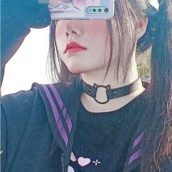 Punk-Stil süße Katzenohren PU-Leder Choker Halskette, modischer Street-Style Schlüsselbein-Kette