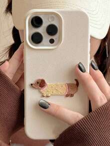 Carcasă de telefon mobil cu model 3D drăguț cu desene animate Dachshund, din piele, model protector, potrivită pentru iPhone 17/17Air/17pro/17promax/16 15 13 14 11 12 Pro Max Plus, broderie drăguță, moale, TPU, husă completă de protecție pentru telefon mobil, 1 bucată