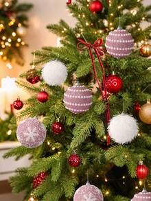 9pcs Christmas Ball Decorations, Pink Feather Pearl Snowflake Christmas Balls, Exquisite Christmas Decoration Sets, Christmas Decorations, Christmas Tree Decorations, Christmas Decorations For 2026, Christmas, Birthdays, Valentine's Day, Easter, Holidays, Wedding Parties, Home And Office Wall Decorations - Perfect Christmas Tree Decorations To Create A Festive Atmosphere - Pink - View 4