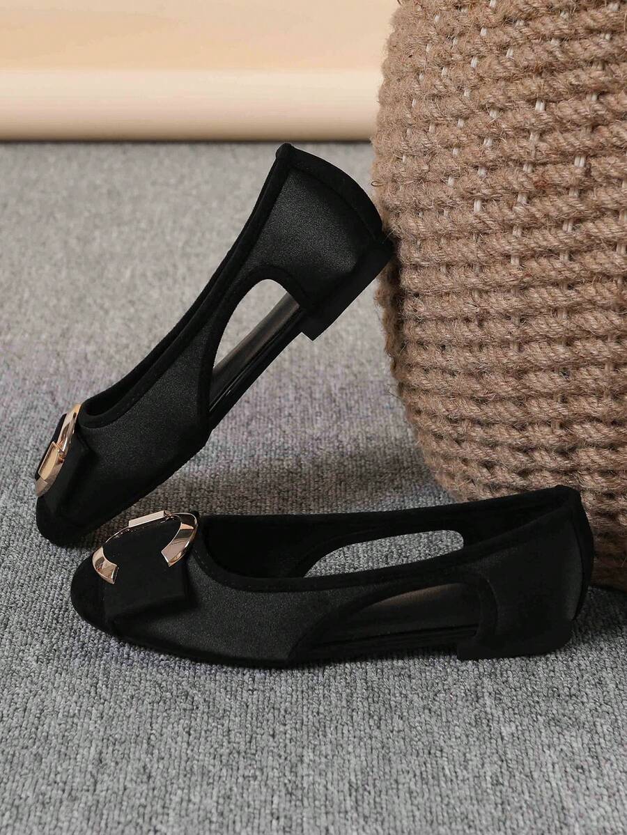 Women's Ballet Flats, Fashionable Square Toe Slip-On Soft Bottom Shoes, Versatile Flat Shoes, Black Hollow Flat Bowknot Loafers, Size Run Large, Plus Size 35-43