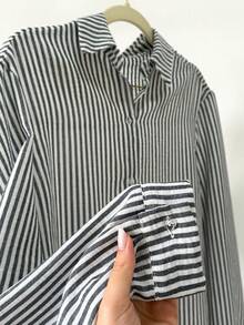 Linen Button Down Shirt Beach Cover Up Long Sleeve Striped Striped Polyester Button Holiday Daily Travel Summer - Black - View 3