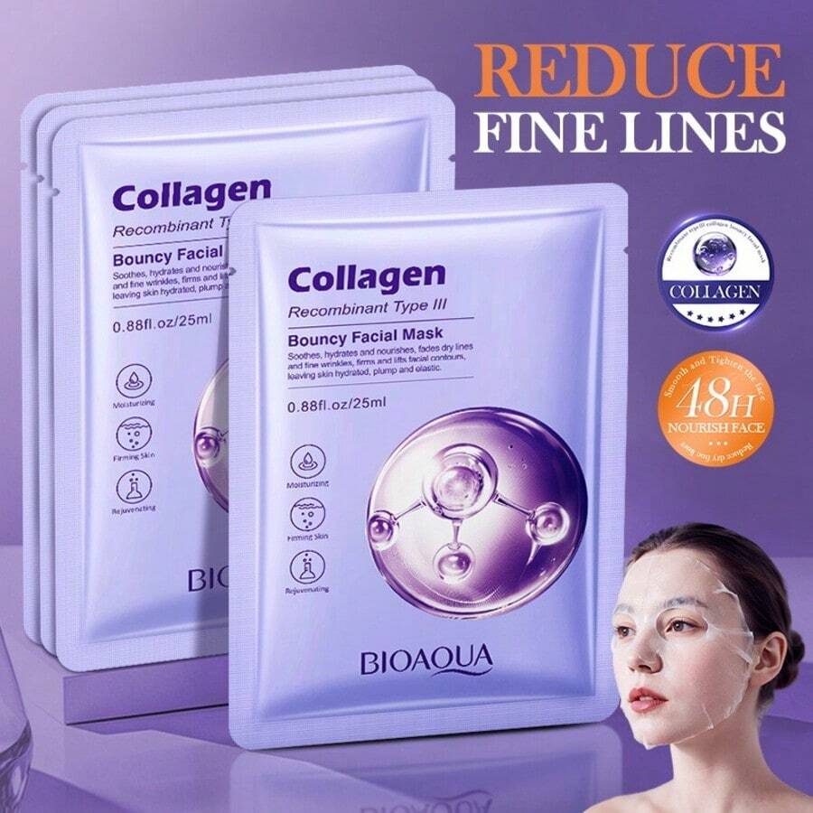 5pcs/Pack Collagen Elastic Face Mask, High Moisturizing, Replenishing, Pore Tightening, Smoothing, Enhancing Skin Elasticity, Suitable For All Skin Types - White - View 1